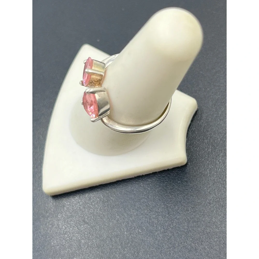 Sterling‎ Silver 925 Double Heart Pink Ice Gemstone Faux Bypass Ring Sz 8.25